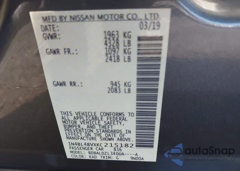 2019 Nissan Altima 2.5 S из США, поврежденный, VIN 1N4BL4BVXKC215182